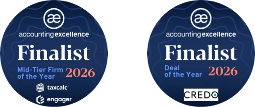 Accounting Excellence Awards 2026 finalist badges — Mid-Tier Firm of the Year and Deal of the Year