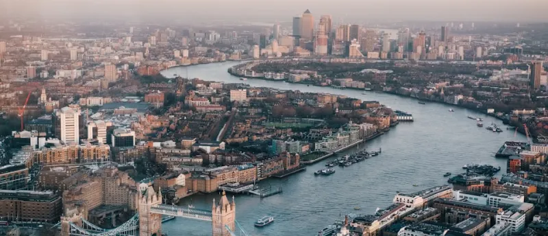 Aerial view of the London skyline and the River Thames